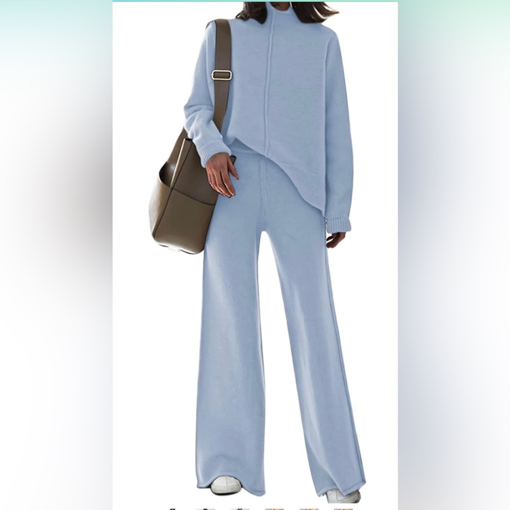 Light Blue Wide-Leg Knit Pants